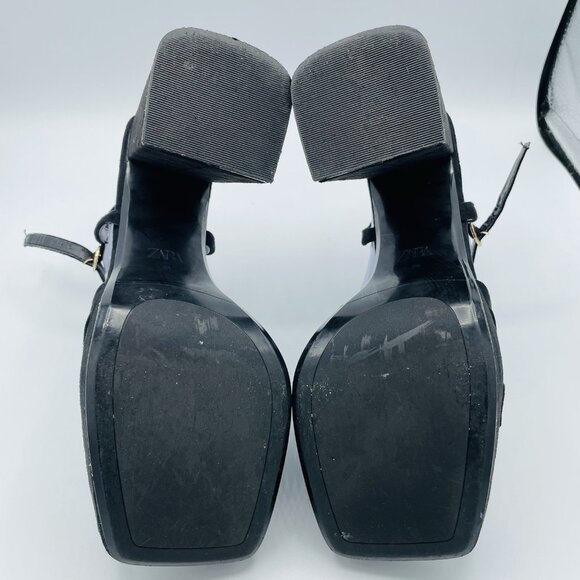 Zara Sandals Womens 8.5 /EU39 Black Y2K Square Ankle Strap Chunky Block Heel - Picture 12 of 13